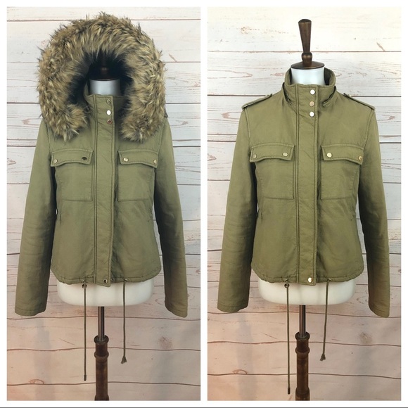 Zara 3-Way Convertible Arctic Faux Fur Hooded Army Green Utility Jacket - Picture 1 of 16